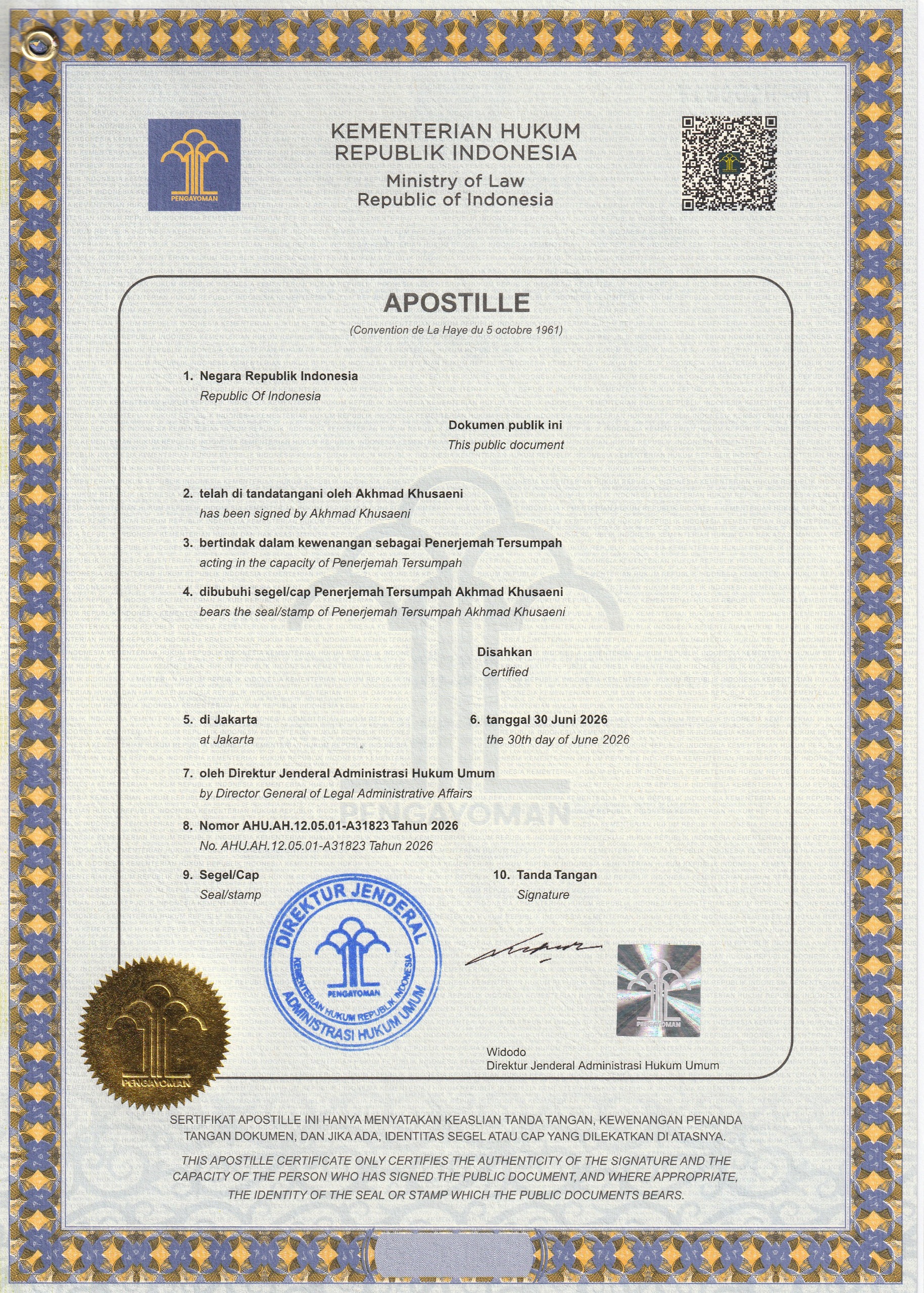 Contoh jasa apostille kemenkum